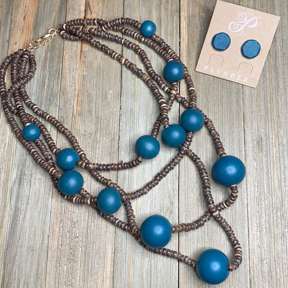 3 for $25 Plunder Teal Wood Tiered Necklace & Earrings